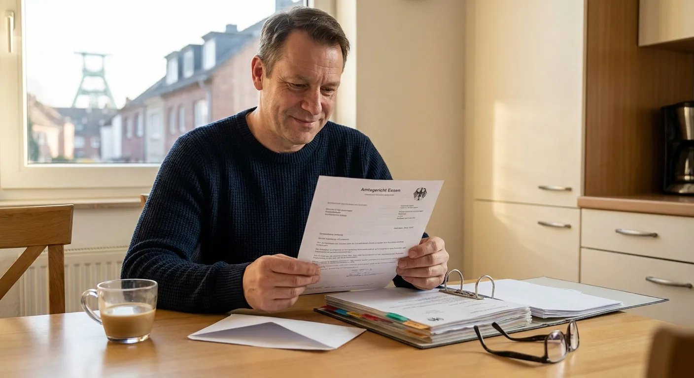 Mann liest Gerichtspost am Küchentisch und schöpft neue Zuversicht