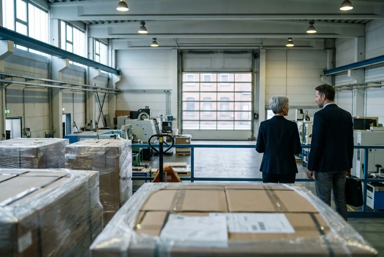 Blick in eine halbleere Produktionshalle, im Mittelgrund eine Geschäftsführerin und ein Besucher im Gespräch