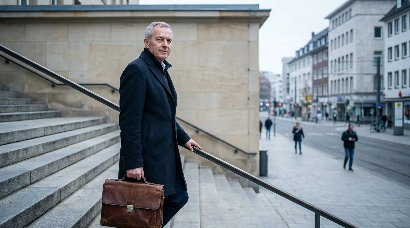 Unternehmer im Mantel verlässt mit einer Aktentasche das Gebäude einer Behörde und geht die Außentreppe hinunter