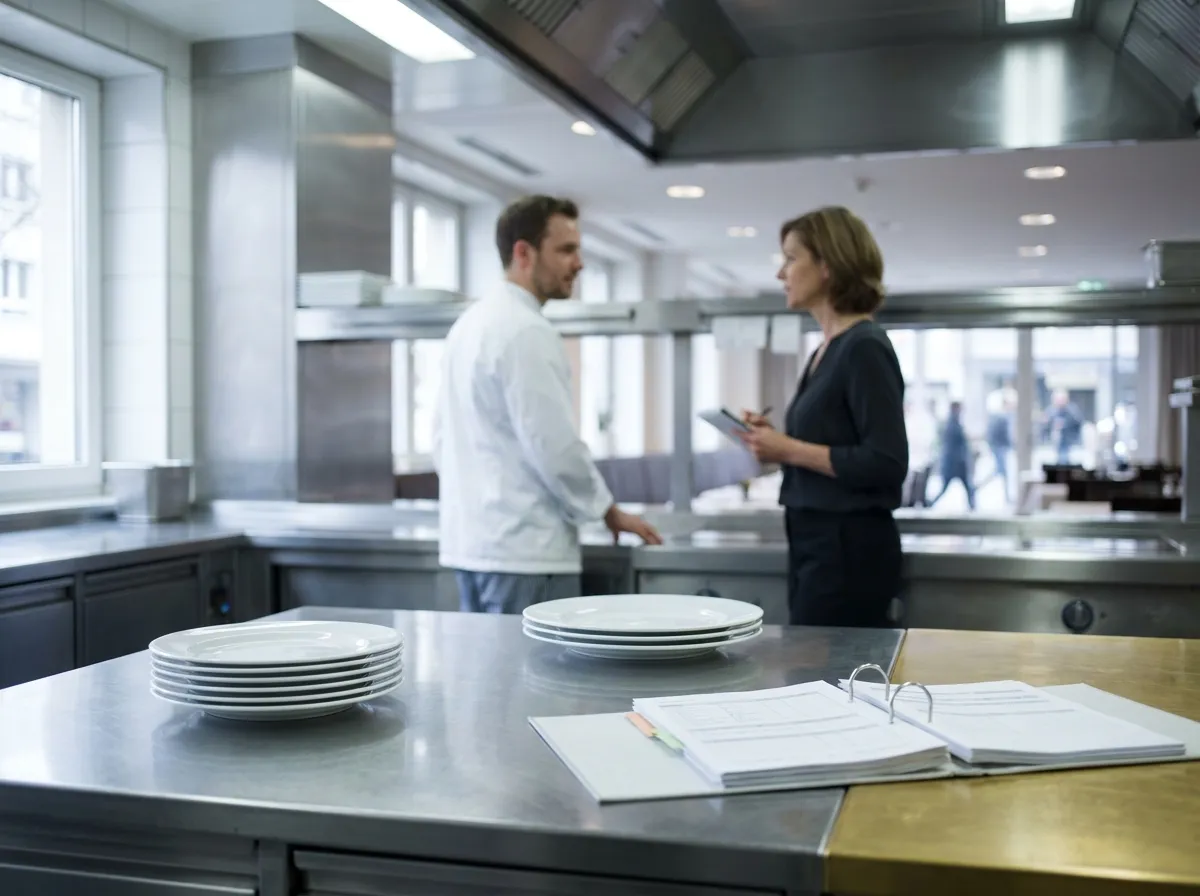 Gastronomieküche am Vormittag, im Hintergrund unscharf zwei Personen im Gespräch an der Durchreiche