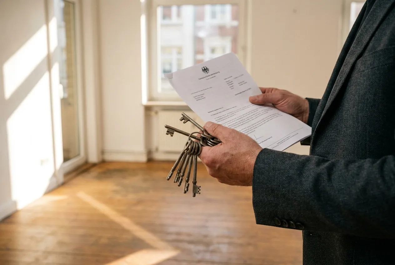 Hände mit Schlüsselbund und Unterlagen vor einer leerstehenden Wohnung unter Zwangsverwaltung