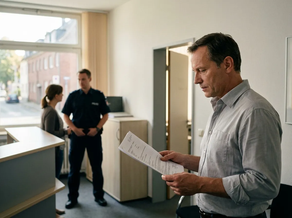 Geschäftsführer liest im Vorraum seines Unternehmens konzentriert einen Durchsuchungsbeschluss, im Hintergrund zwei Personen im Gespräch
