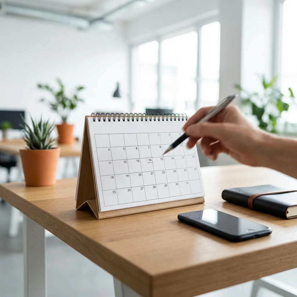 Schreibtisch mit Kalender und Notizbuch zur Veranschaulichung von Kündigungsfristen