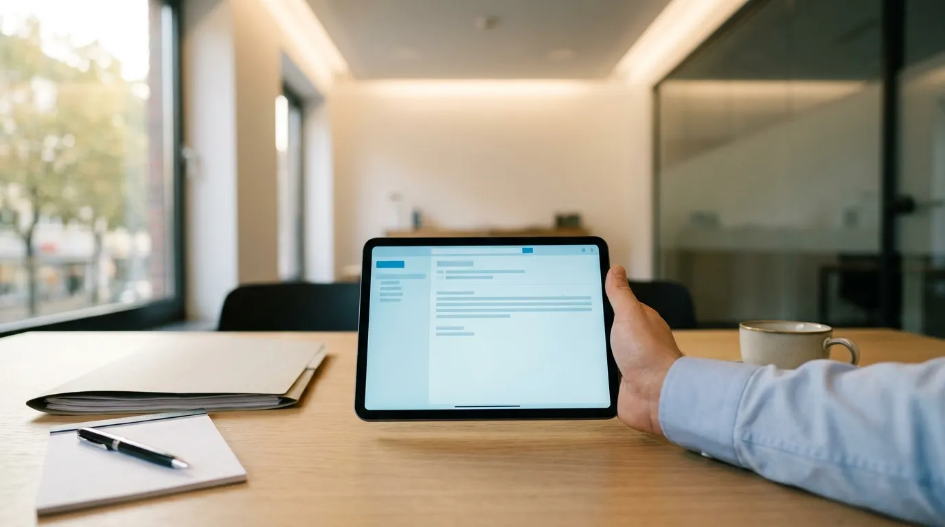 Hand haelt ein Tablet mit geoeffneter E-Mail neben Aktenordner, Notizblock und Kaffeetasse auf einem Schreibtisch im Kanzleibuero