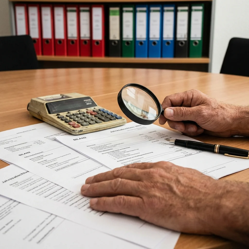 Prüfung von Finanzunterlagen mit Lupe und Taschenrechner